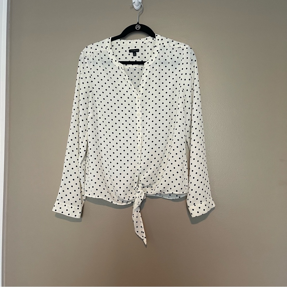 Talbots White, Blue polka dot, button down, tie front blouse, Medium, UGC